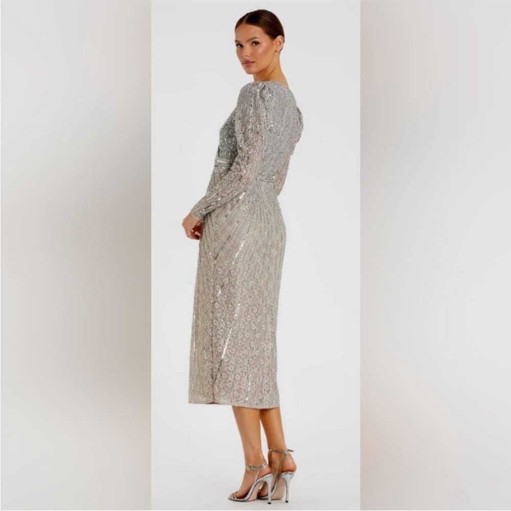 New | Mac Duggal 93676 Mac Gray Beaded Lace Long Sleeve
Midi Dress 4 - Picture 3 of 9